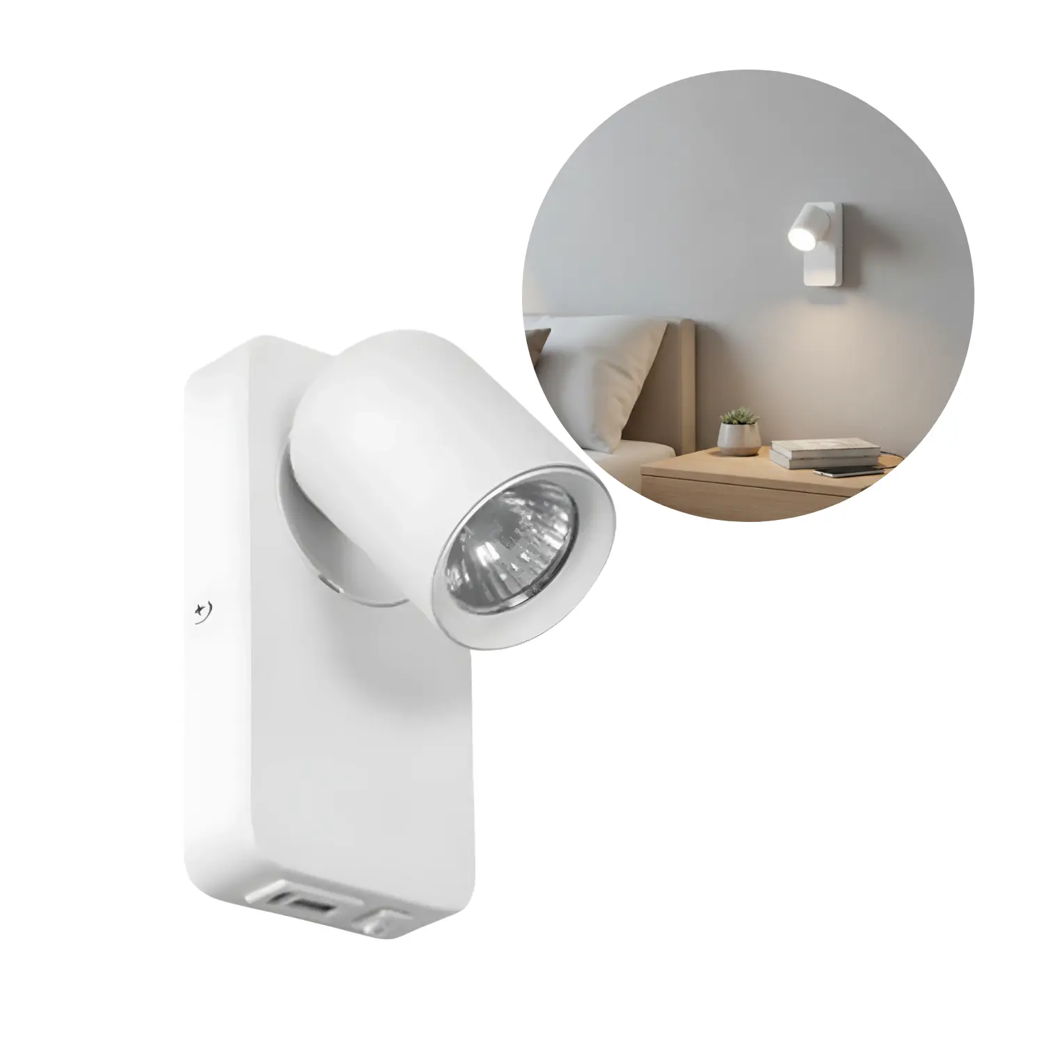 Sengelampe til væg med USB stik - USB Type A + C - GU10 -  Hvid